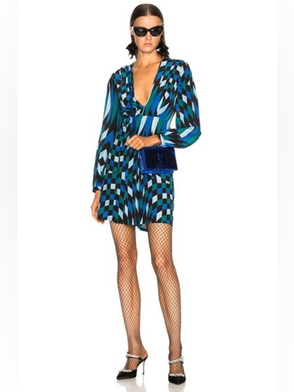 RIXO Blue and Green Geometric Mini Dress